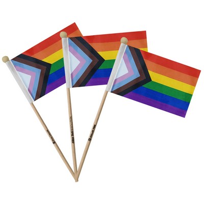 LGBTQ+ 4"x6" Progress Pride Flag With Wooden 12" Pole V1 - Official Design